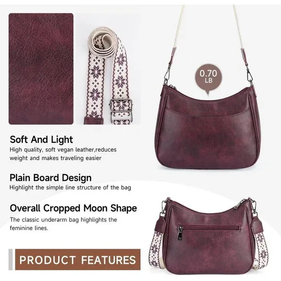 Women's Grape Imported Leather Crossbody With Adjustable Strap Shoulder Handbag - Picture 5 of 6